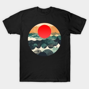 Red sun Japanese Art Inspired Patterned Ocean T-Shirt